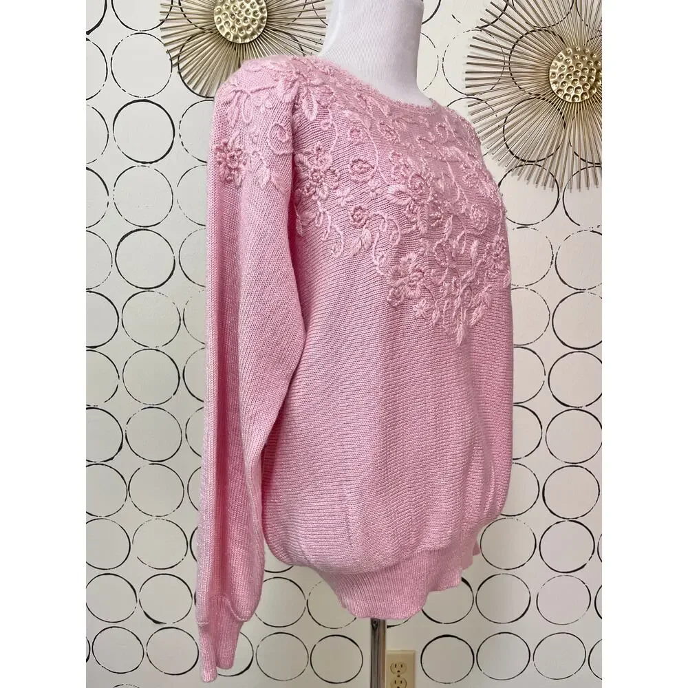 VTG Jaclyn Smith Womens Knit Sweater M Pastel Pink Beaded Coquette Floral Dainty - Picture 3 of 16